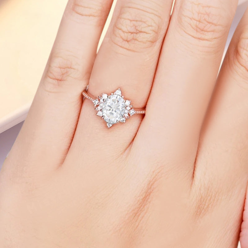 Oval Halo Moissanite Engagement Ring Moissanite Cluster Ring Floral Moissanite Ring Sunburst Ring Solid Gold Ring Vintage Anniversary Ring