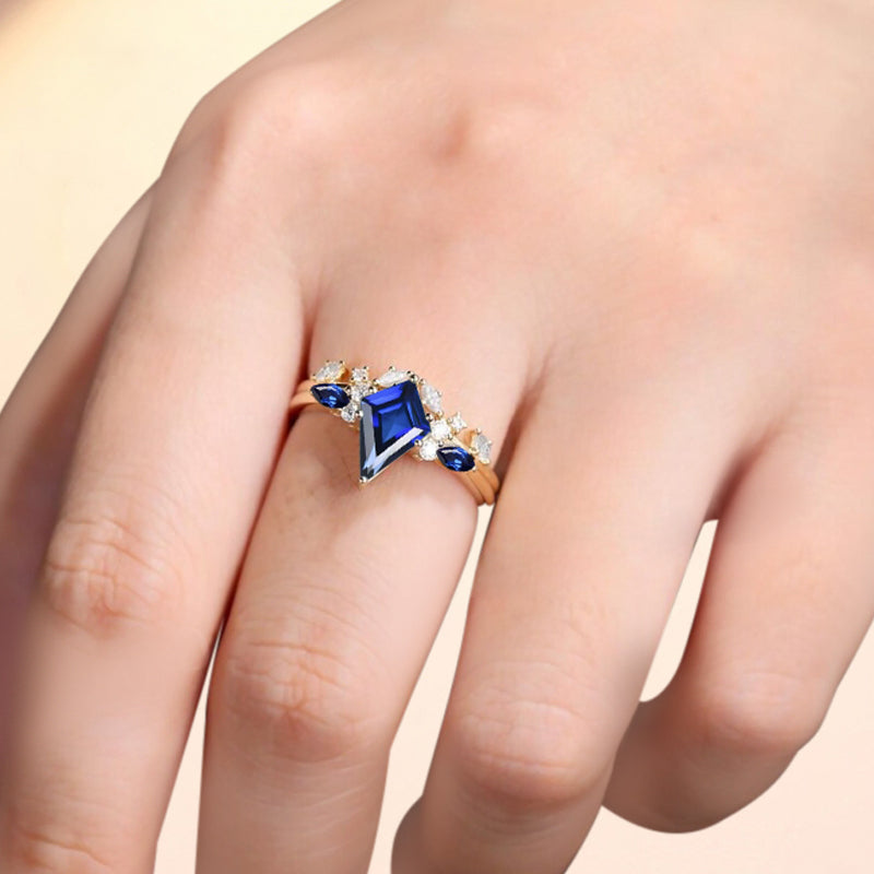 Kite cut blue topaz ring set rose gold 6 prong art deco unique engagement ring set women dainty diamond ring set Personalized anniversary gift