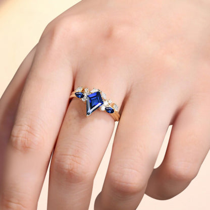Kite cut blue topaz ring set rose gold 6 prong art deco unique engagement ring set women dainty diamond ring set Personalized anniversary gift