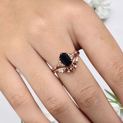 Unique Hexagon Black Onyx Ring Art Deco Wedding Ring Set Vintage Black Agate Engagement Anniversary Ring