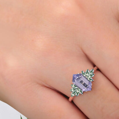 Vintage Hexagon Cut Amethyst Engagement Ring Moss Agate Wedding Ring Art Deco Rose Gold Dainty Bridal Ring Anniversary Ring