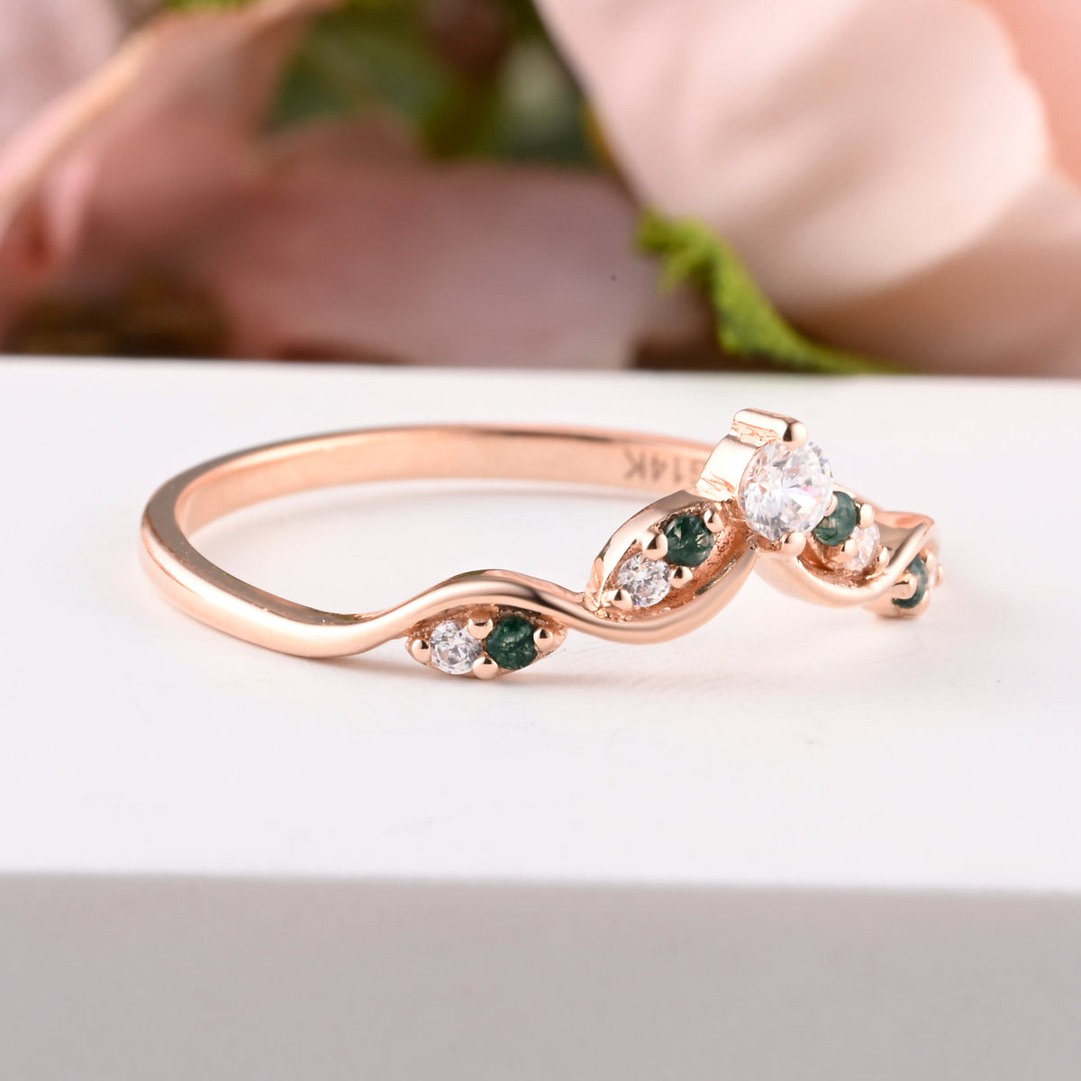 Vintage Kite Cut Moss Agate Engagement Ring Set Unique Moss Agate & Moissanite Gemstone Promise Bridal Ring Set