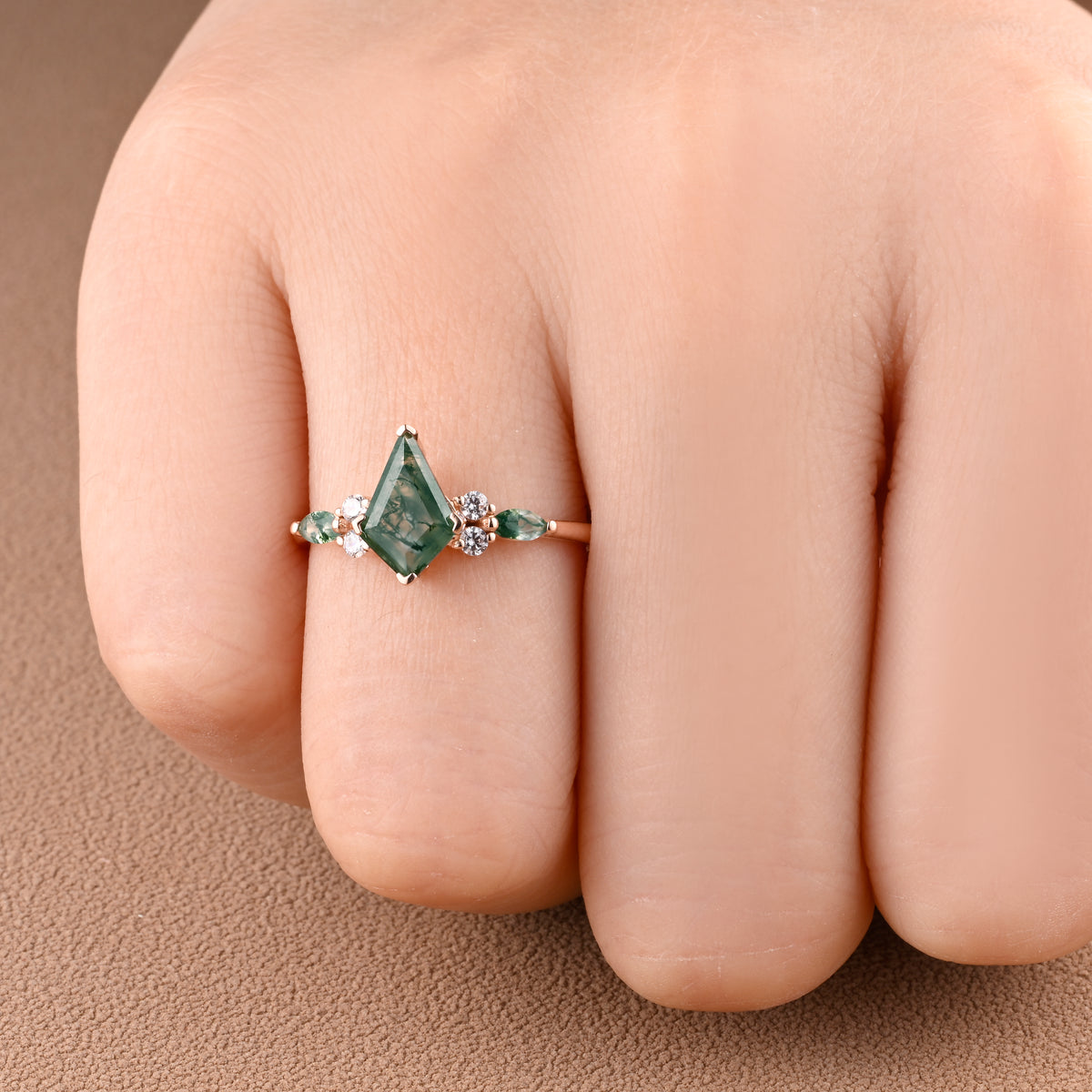 Vintage Kite Cut Moss Agate Engagement Ring Set Unique Moss Agate & Moissanite Gemstone Promise Bridal Ring Set