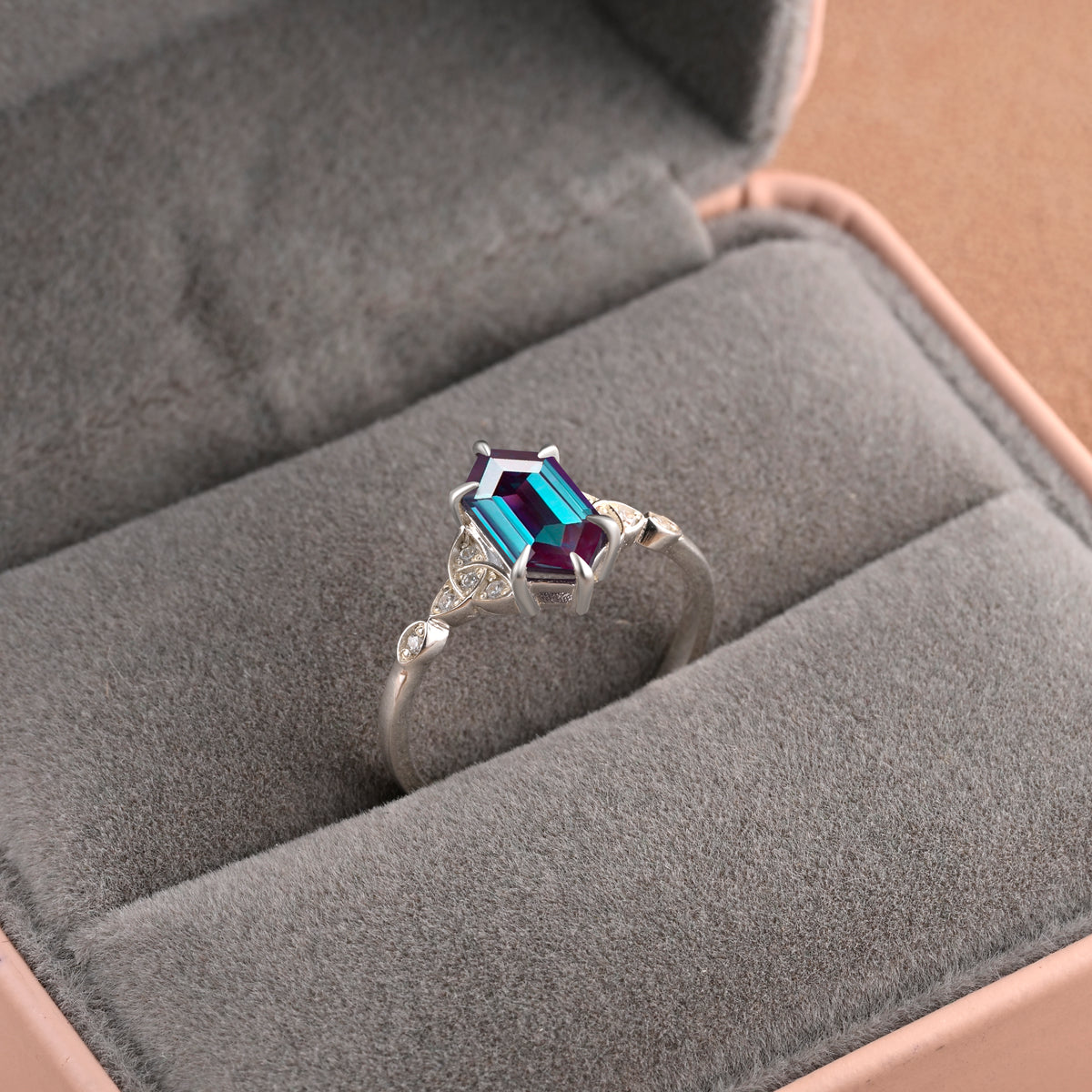 Hexagon Cut Alexandrite Engagement Bridal Ring Moissanite Art Deco Promise Ring
