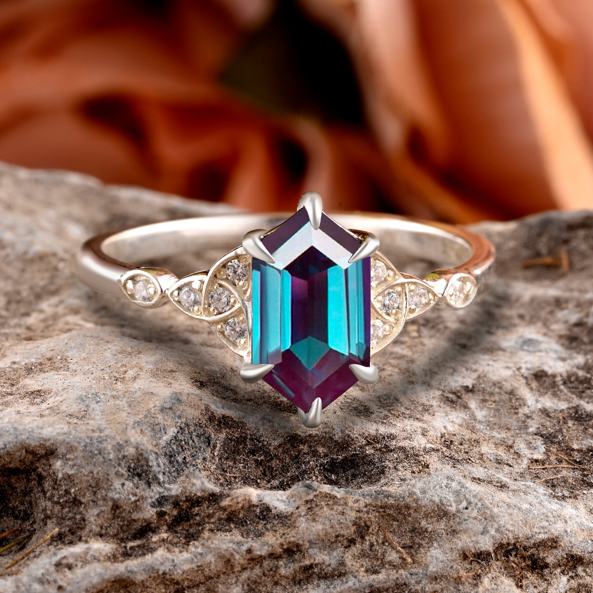Hexagon Cut Alexandrite Engagement Bridal Ring Moissanite Art Deco Promise Ring