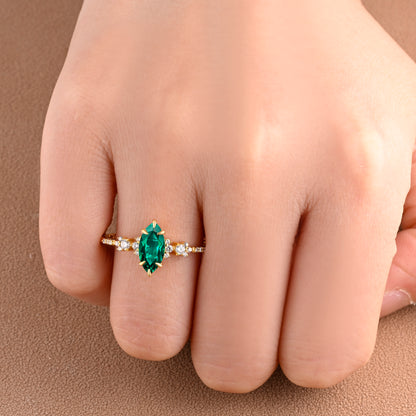Vintage Marquise Cut Natural Emerald Engagement Ring Sets Nature Inspired Moissanite Cluster Promise Ring Rose Gold Art Deco Women Gift Ver.2