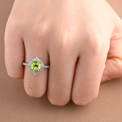 Vintage Peridot Wedding Ring Set Unique Round Cut Peridot Engagement Ring Art Deco Peridot Ring Green Gemstone Ring Anniversary Gift For Her