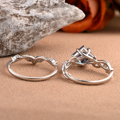 Vintage Princess Cut Alexandrite Enhancer Ring Set Unique Alexandrite Gemstone Promise Bridal Ring Set