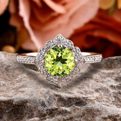 Vintage Peridot Wedding Ring Set Unique Round Cut Peridot Engagement Ring Art Deco Peridot Ring Green Gemstone Ring Anniversary Gift For Her