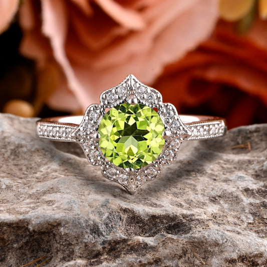Vintage Peridot Wedding Ring Set Unique Round Cut Peridot Engagement Ring Art Deco Peridot Ring Green Gemstone Ring Anniversary Gift For Her
