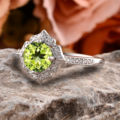 Vintage Peridot Wedding Ring Set Unique Round Cut Peridot Engagement Ring Art Deco Peridot Ring Green Gemstone Ring Anniversary Gift For Her