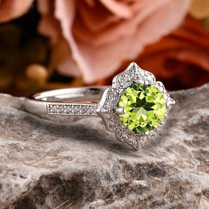 Vintage Peridot Wedding Ring Set Unique Round Cut Peridot Engagement Ring Art Deco Peridot Ring Green Gemstone Ring Anniversary Gift For Her