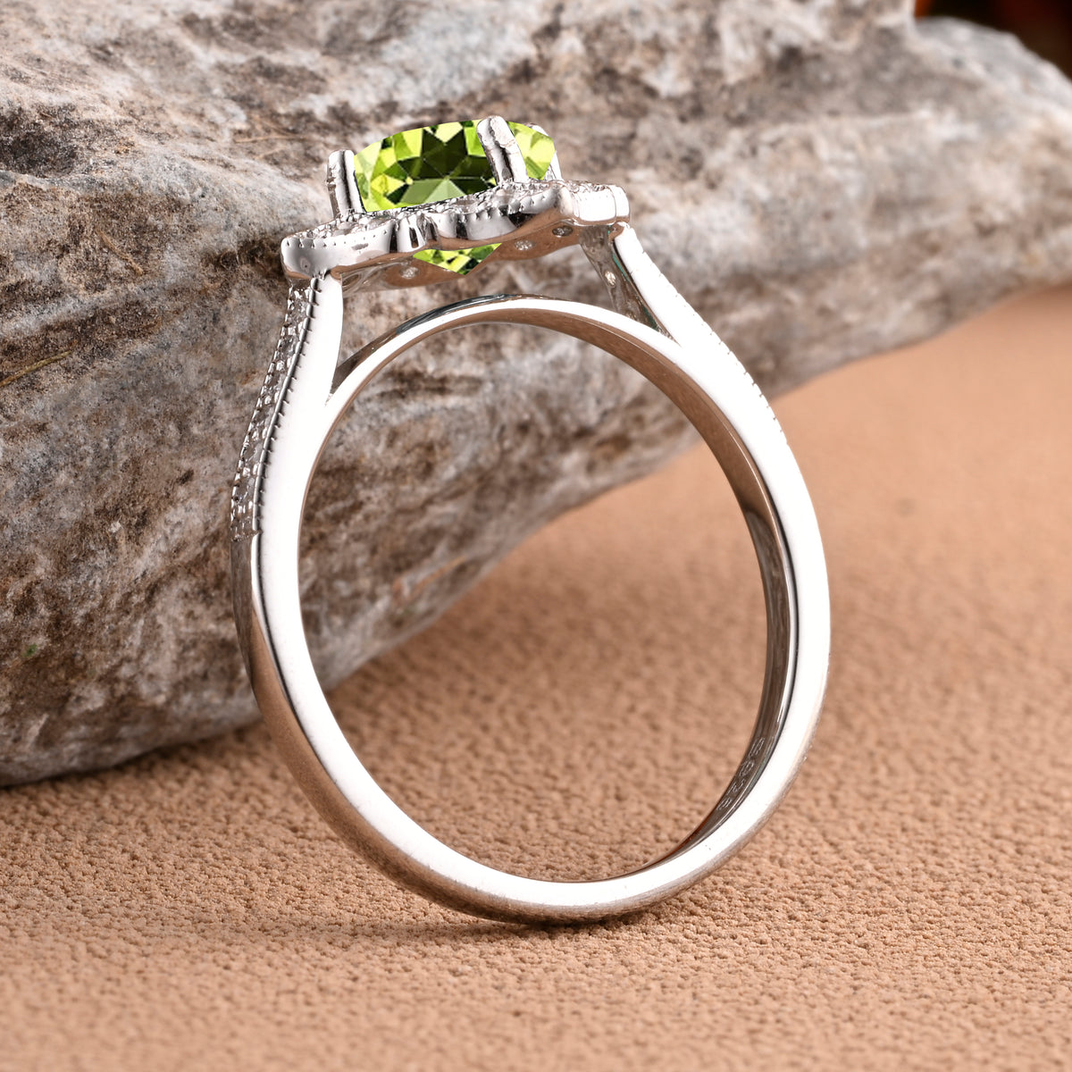 Vintage Peridot Wedding Ring Set Unique Round Cut Peridot Engagement Ring Art Deco Peridot Ring Green Gemstone Ring Anniversary Gift For Her