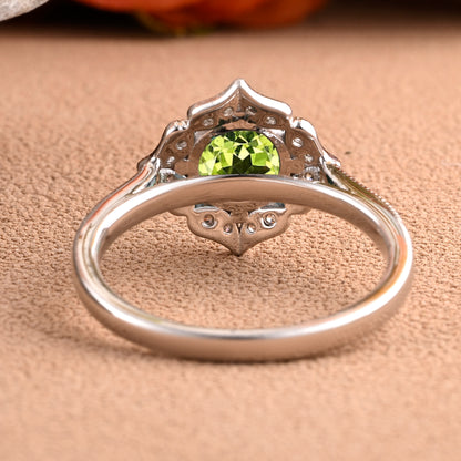 Vintage Peridot Wedding Ring Set Unique Round Cut Peridot Engagement Ring Art Deco Peridot Ring Green Gemstone Ring Anniversary Gift For Her