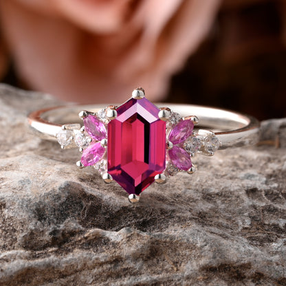 Vintage Hexagon Cut Ruby Engagement Ring Hexagon Pink Sapphire Side Stone Wedding Promise Bridal Ring