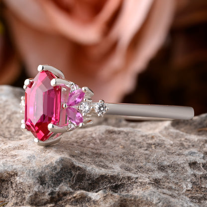 Vintage Hexagon Cut Ruby Engagement Ring Hexagon Pink Sapphire Side Stone Wedding Promise Bridal Ring