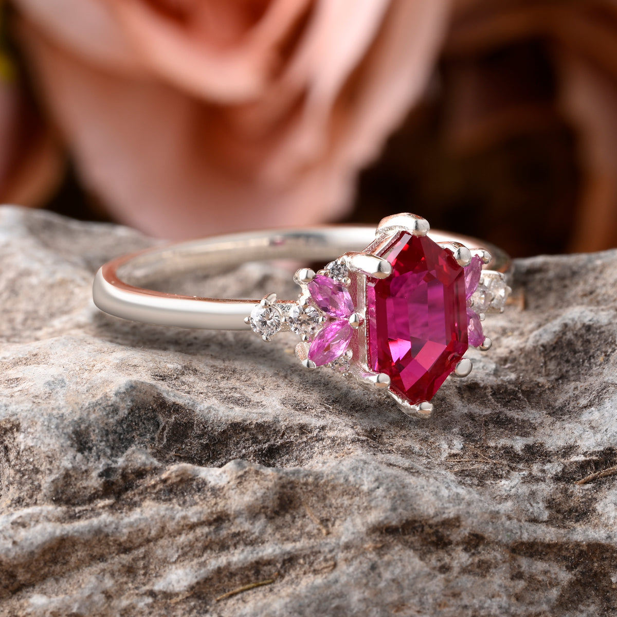 Vintage Hexagon Cut Ruby Engagement Ring Hexagon Pink Sapphire Side Stone Wedding Promise Bridal Ring