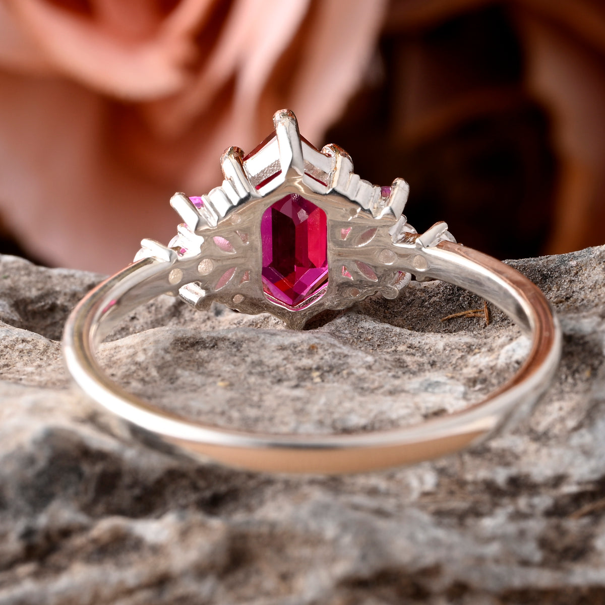 Vintage Hexagon Cut Ruby Engagement Ring Hexagon Pink Sapphire Side Stone Wedding Promise Bridal Ring