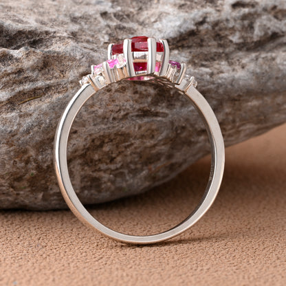 Vintage Hexagon Cut Ruby Engagement Ring Hexagon Pink Sapphire Side Stone Wedding Promise Bridal Ring