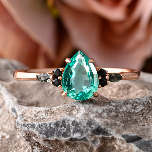 Vintage Pear Tsavorite Engagement Ring Unique Black Onyx Sidestones Pear Shape Gemstone Promise Ring Ver.2