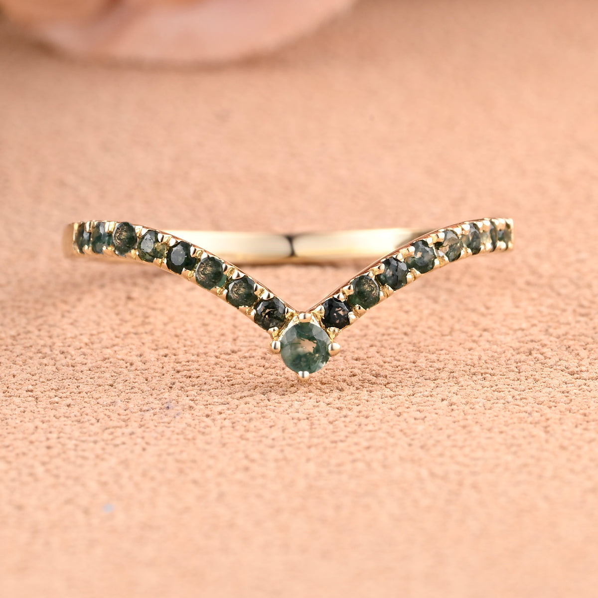 Minimalist Chevron Moss Agate Wedding Band Vintage V Shape Green Agate Stacking Ring Unique Matching Ring Promise Ring Anniversary Ring