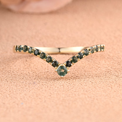 Minimalist Chevron Moss Agate Wedding Band Vintage V Shape Green Agate Stacking Ring Unique Matching Ring Promise Ring Anniversary Ring