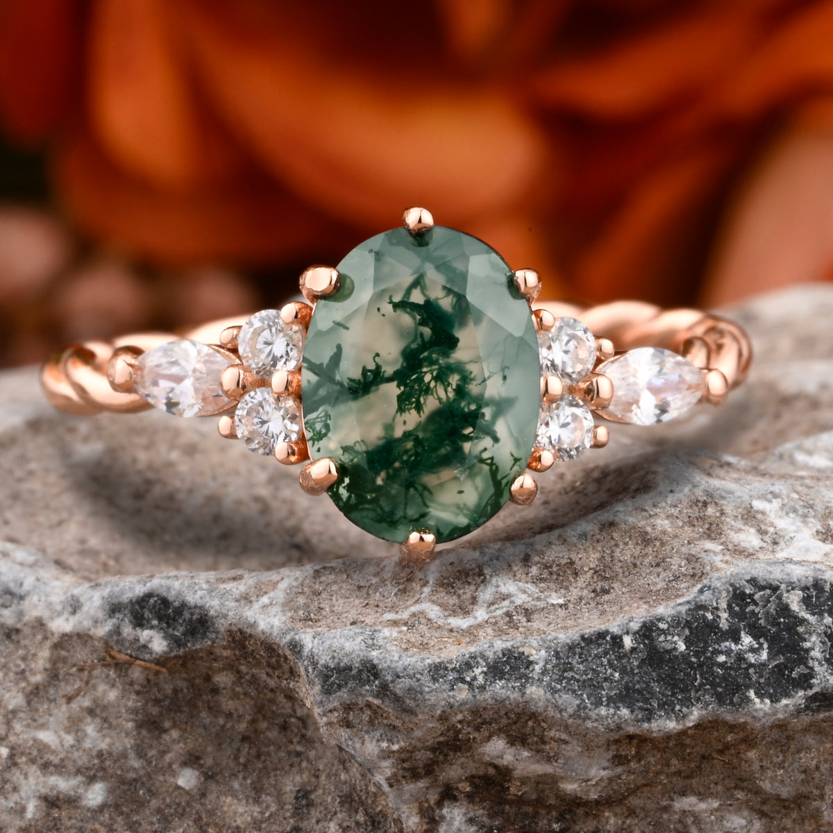 Unique Vintage Moss Agate Engagement Ring 14K Rose Gold Oval Cut Natural Moissanite Wedding Promise Ring Handmade Ring Anniversary Rings For Women
