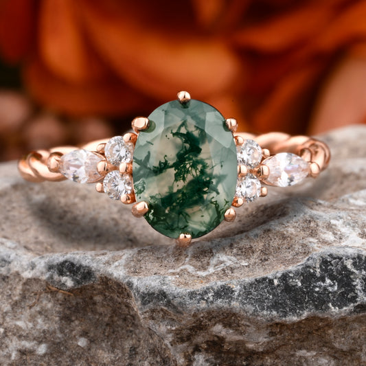 Unique Vintage Moss Agate Engagement Ring 14K Rose Gold Oval Cut Natural Moissanite Wedding Promise Ring Handmade Ring Anniversary Rings For Women