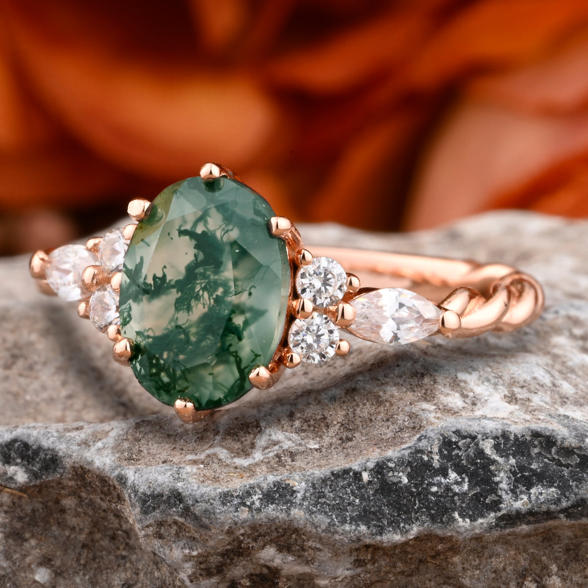 Unique Vintage Moss Agate Engagement Ring 14K Rose Gold Oval Cut Natural Moissanite Wedding Promise Ring Handmade Ring Anniversary Rings For Women