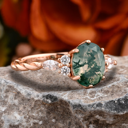 Unique Vintage Moss Agate Engagement Ring 14K Rose Gold Oval Cut Natural Moissanite Wedding Promise Ring Handmade Ring Anniversary Rings For Women