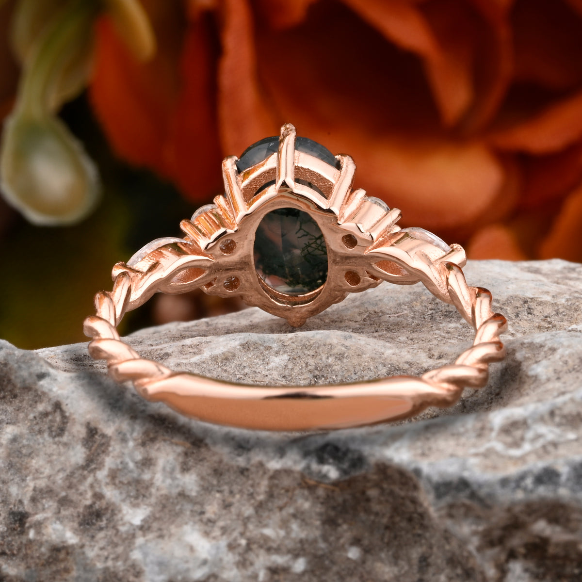 Unique Vintage Moss Agate Engagement Ring 14K Rose Gold Oval Cut Natural Moissanite Wedding Promise Ring Handmade Ring Anniversary Rings For Women