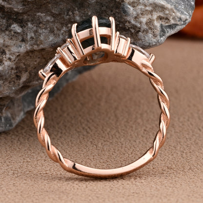 Unique Vintage Moss Agate Engagement Ring 14K Rose Gold Oval Cut Natural Moissanite Wedding Promise Ring Handmade Ring Anniversary Rings For Women