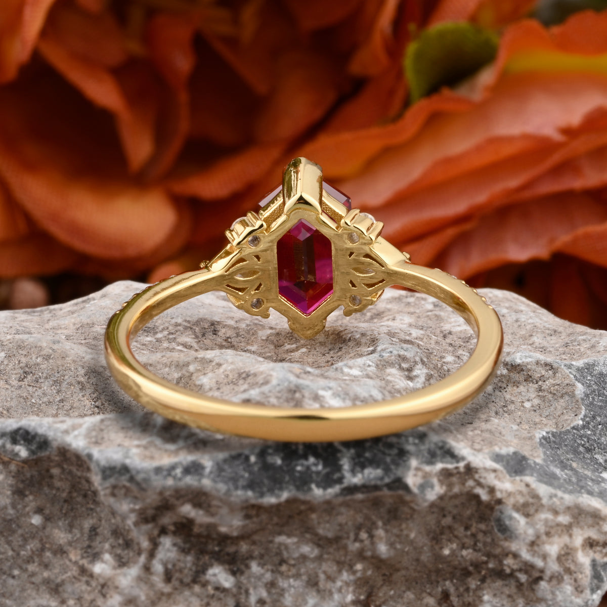 Hexagon Ruby Engagement Ring Moissanite Cluster Promise Ring Rose Gold Art Deco Ring Custom Handmade Bridal Ring Ver.2