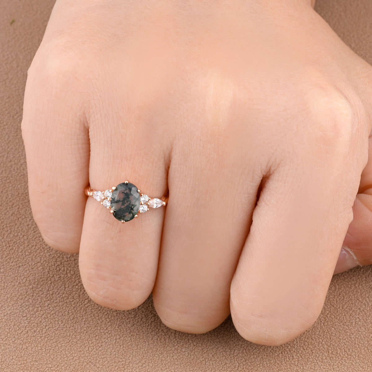 Unique Vintage Moss Agate Engagement Ring 14K Rose Gold Oval Cut Natural Moissanite Wedding Promise Ring Handmade Ring Anniversary Rings For Women