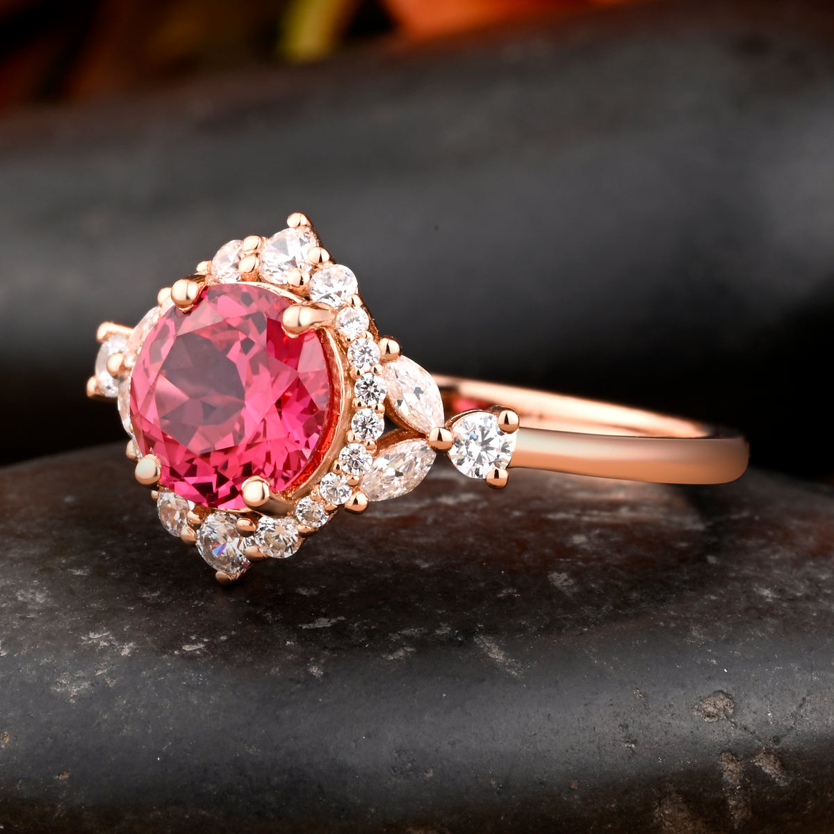 Vintage Pink Sapphire Wedding Ring Set Unique Round Cut Pink Sapphire Engagement Ring Art Deco Sapphire Ring Pink Gemstone Ring Anniversary Gift For Her