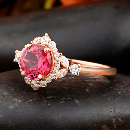 Vintage Pink Sapphire Wedding Ring Set Unique Round Cut Pink Sapphire Engagement Ring Art Deco Sapphire Ring Pink Gemstone Ring Anniversary Gift For Her