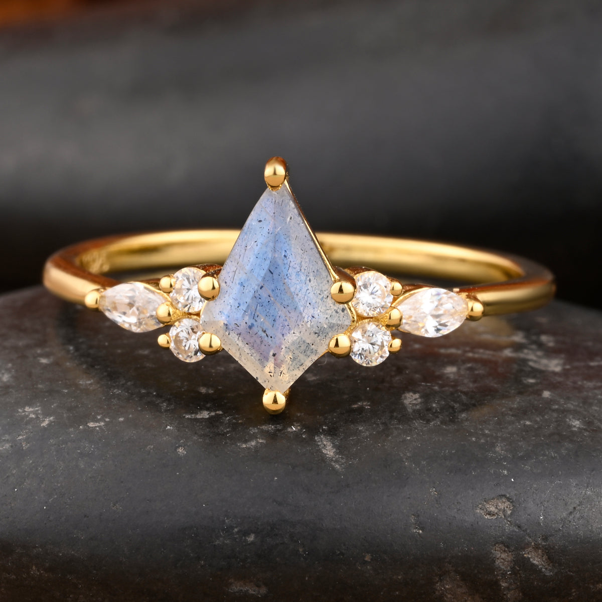 Kite Cut Labradorite Engagement Ring Art Deco Ring Rose Gold Woman Labradorite Promise Ring For Her Unique Diamond Wedding Ring