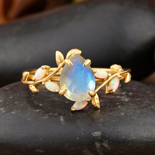 Unique Pear Cut Moonstone Engagement Women Ring Vintage Rose Gold Art Deco Cluster Leaf Nature Inspired Bridal Wedding Ring