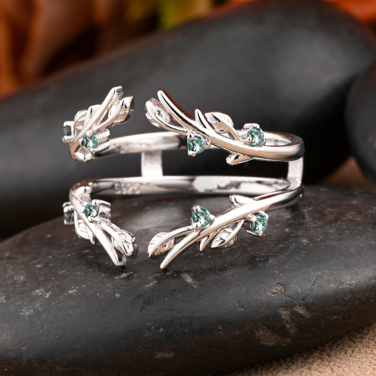 Antique Moss Agate Leaf Branch Ring Curved Enhancer Open Wedding Band Vintage Stacking Band Unique Matching Ring Promise Anniversary Ring