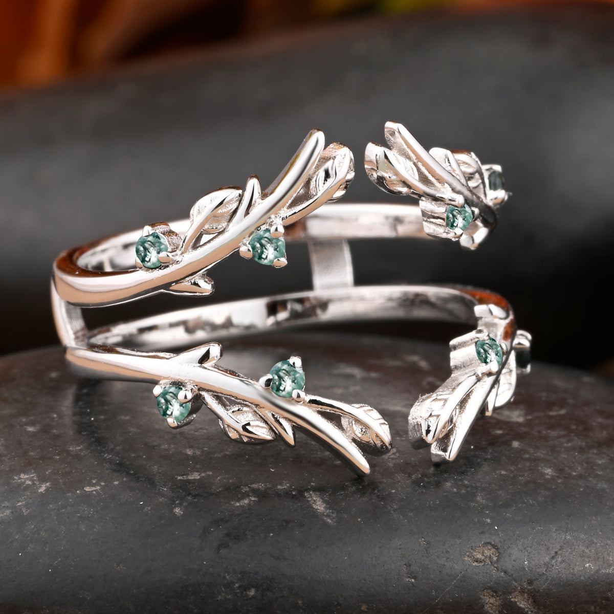 Antique Moss Agate Leaf Branch Ring Curved Enhancer Open Wedding Band Vintage Stacking Band Unique Matching Ring Promise Anniversary Ring
