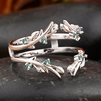 Antique Moss Agate Leaf Branch Ring Curved Enhancer Open Wedding Band Vintage Stacking Band Unique Matching Ring Promise Anniversary Ring