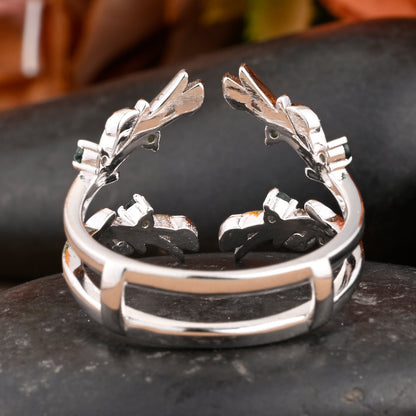 Antique Moss Agate Leaf Branch Ring Curved Enhancer Open Wedding Band Vintage Stacking Band Unique Matching Ring Promise Anniversary Ring