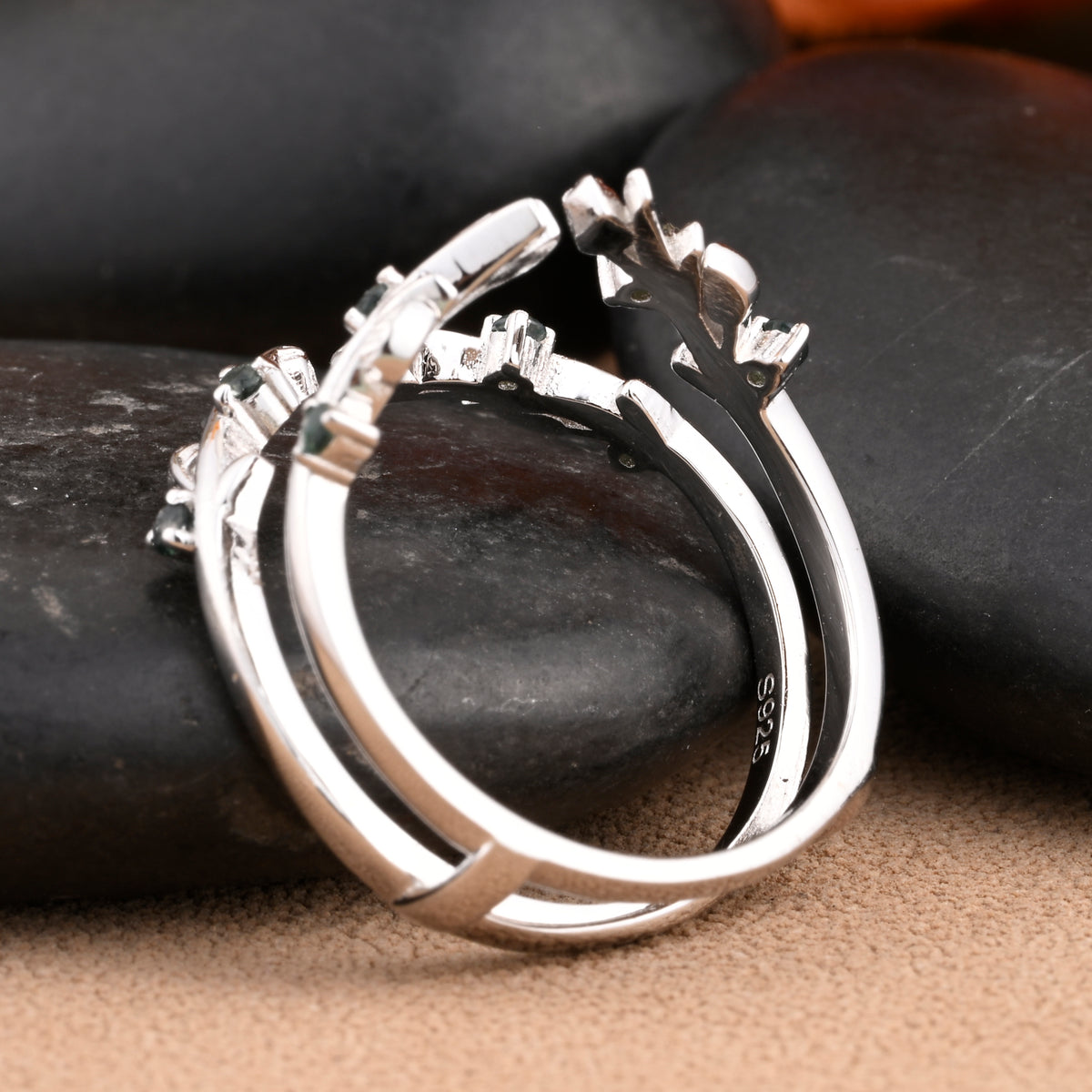 Antique Moss Agate Leaf Branch Ring Curved Enhancer Open Wedding Band Vintage Stacking Band Unique Matching Ring Promise Anniversary Ring