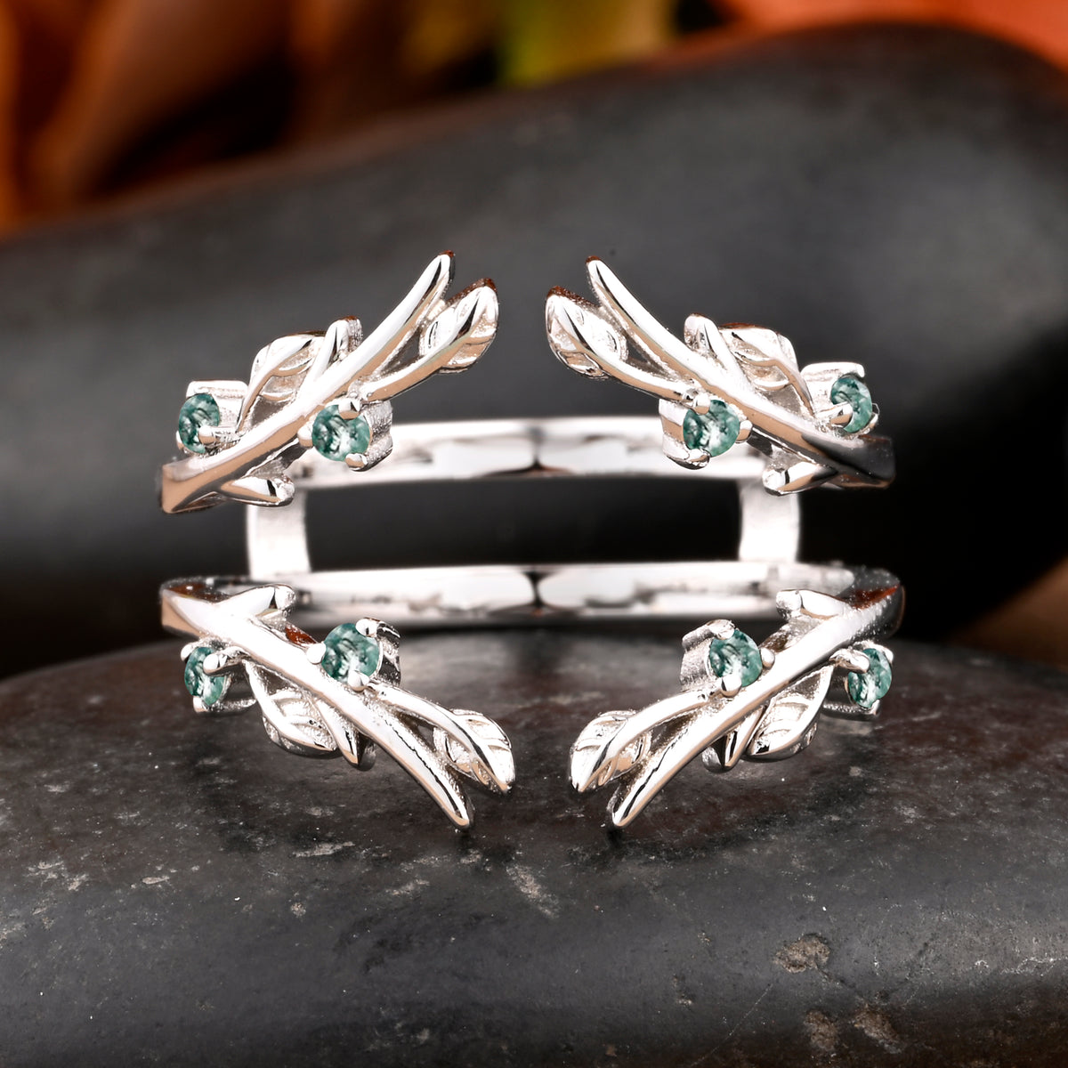 Antique Moss Agate Leaf Branch Ring Curved Enhancer Open Wedding Band Vintage Stacking Band Unique Matching Ring Promise Anniversary Ring