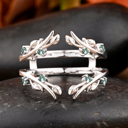 Antique Moss Agate Leaf Branch Ring Curved Enhancer Open Wedding Band Vintage Stacking Band Unique Matching Ring Promise Anniversary Ring