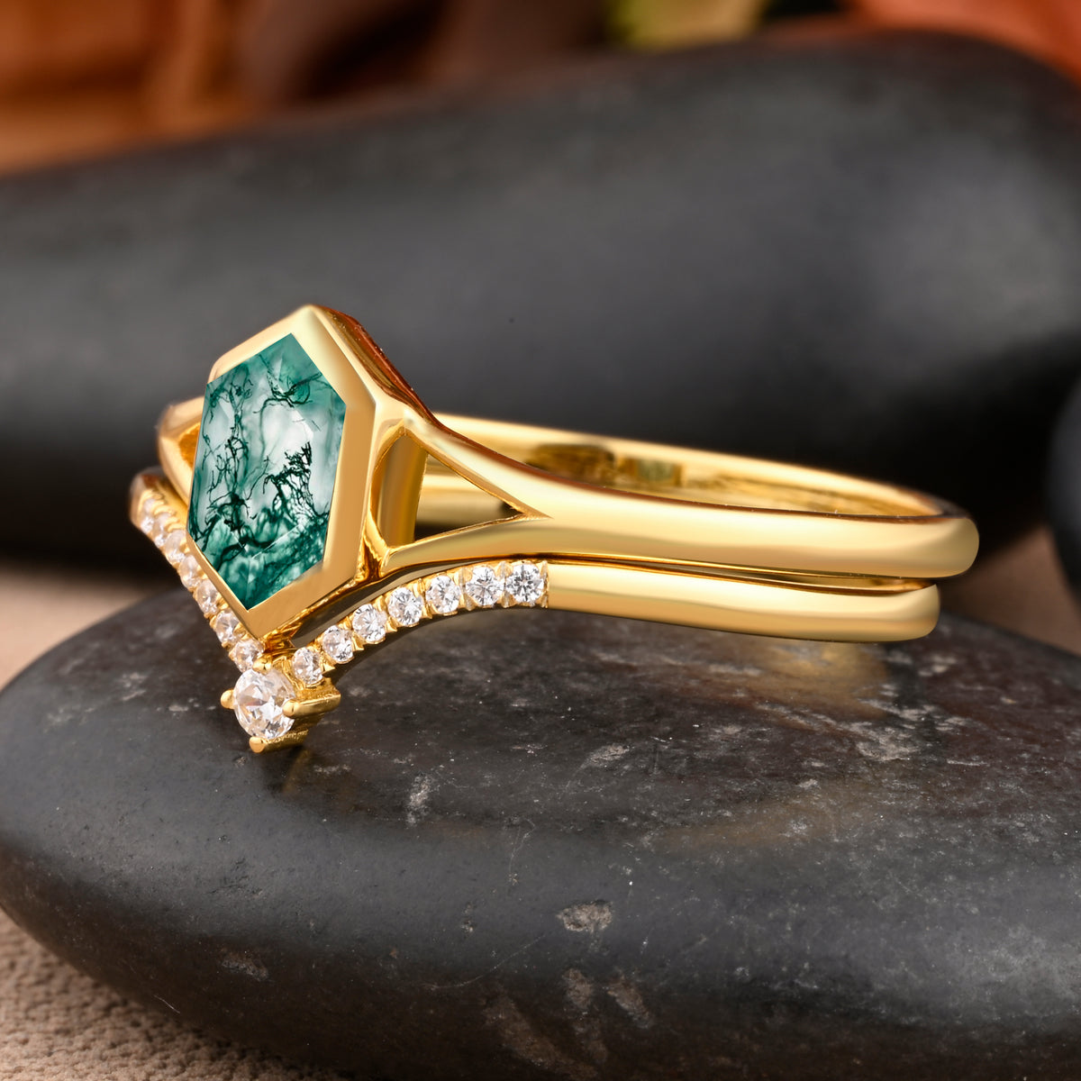 Unique Long Hexagon Cut Natural Moss Agate Solitaire Ring Vintage 14k Rose Gold Green Agate Engagement Ring Art Deco Custom Jewelry Gift