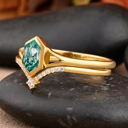 Unique Long Hexagon Cut Natural Moss Agate Solitaire Ring Vintage 14k Rose Gold Green Agate Engagement Ring Art Deco Custom Jewelry Gift