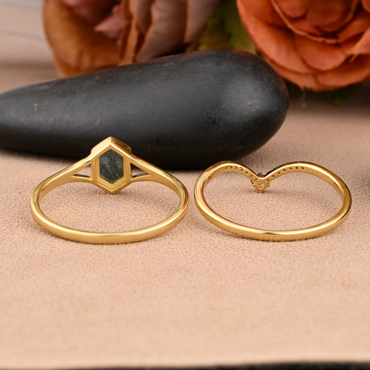 Unique Long Hexagon Cut Natural Moss Agate Solitaire Ring Vintage 14k Rose Gold Green Agate Engagement Ring Art Deco Custom Jewelry Gift