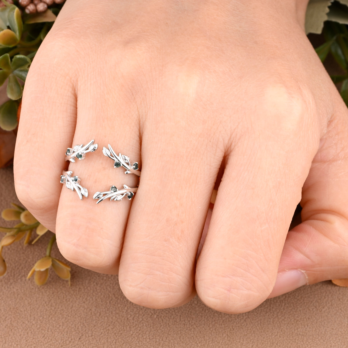 Antique Moss Agate Leaf Branch Ring Curved Enhancer Open Wedding Band Vintage Stacking Band Unique Matching Ring Promise Anniversary Ring