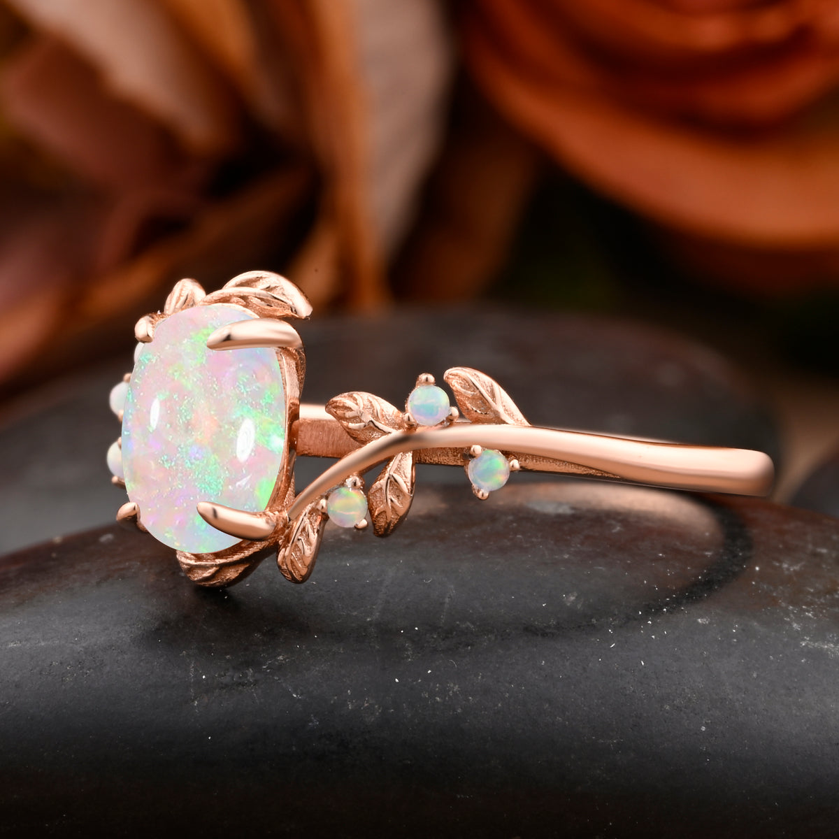 Vintage Oval Cut Opal Engagement Ring Branch Ring Art Deco Opal Wedding Ring Solid 18k Rose Gold Leaf Ring Bridal Promise Ring Gift For Her